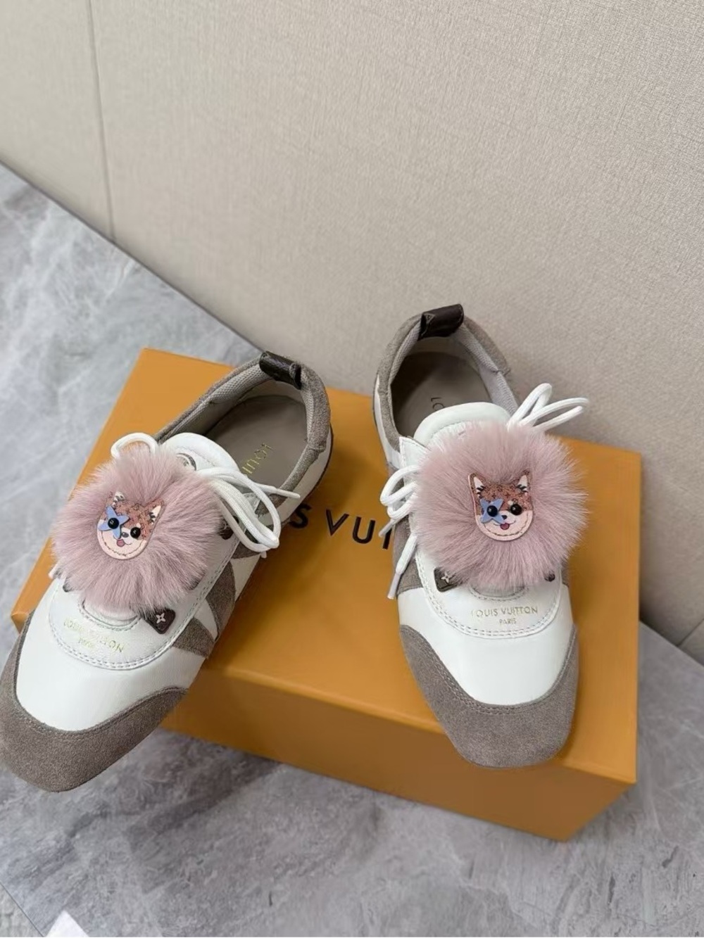 Louis Vuitton Pink and White Flats Pom Pom Sneakers Shoes